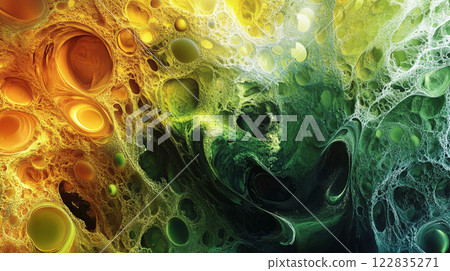 Colorful abstract painting with a lot of swirls and dots. The painting is a mix of green, yellow, and orange colors. The painting has a lot of texture and depth, making it look like a 3D object Colorful abstract painting with a lot of swirls and dots. The painting is a mix of green, yellow, and orange colors. The painting has a lot of texture and depth, making it look like a 3D object 122835271