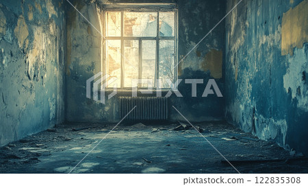 Room with a window and a radiator. The room is empty and has a very cold and desolate atmosphere Room with a window and a radiator. The room is empty and has a very cold and desolate atmosphere 122835308