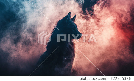 Black wolf is standing in front of a cloud of smoke. The smoke is thick and hazy, creating a sense of mystery and danger. The wolf's eyes are staring into the distance 122835326