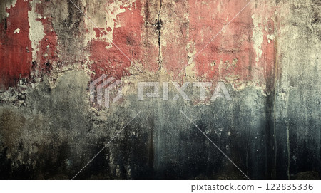 Wall with a red and white paint job. The wall is covered in graffiti and has a very rough texture 122835336