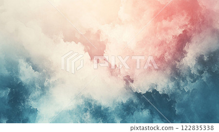 Painting of a cloudy sky with a blue and white background. The sky is filled with clouds of different sizes and shapes, creating a sense of depth and movement. The colors of the sky 122835338