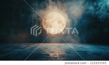 Large, glowing moon is the center of attention in a dark, smoky room. The room is empty, with only the moon and the smoke as the main elements. Scene is mysterious and ethereal 122835343