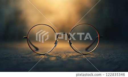 Pair of glasses is shown in a close up. The glasses are brown and have a black frame. The image has a moody and mysterious feel to it, as if the viewer is looking through the glasses 122835346