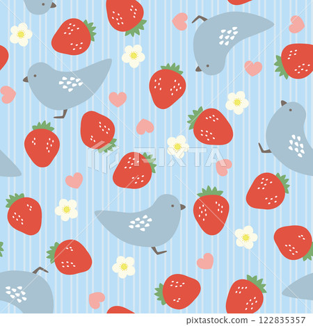 草莓和小鳥的可愛無縫圖案、背景材質、藍色條紋 122835357