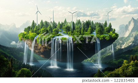 Lush floating island with waterfalls and sustainable wind turbines Lush floating island with waterfalls and sustainable wind turbines 122835405