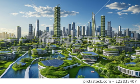 Futuristic eco-city with greenery and solar-powered buildings 122835407