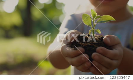 Child holding a young plant with soil in hands 122835447