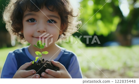 Smiling child holding a young sprout with soil 122835448