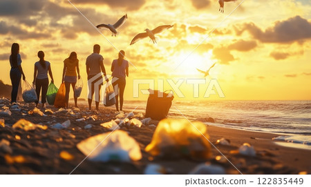 Group of volunteers cleaning a polluted beach at sunset 122835449