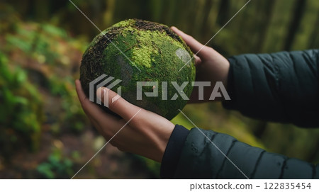Hands cradling a moss-covered Earth symbolizing sustainability Hands cradling a moss-covered Earth symbolizing sustainability 122835454