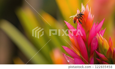 Honeybee collecting nectar from a vibrant tropical flower Honeybee collecting nectar from a vibrant tropical flower 122835458