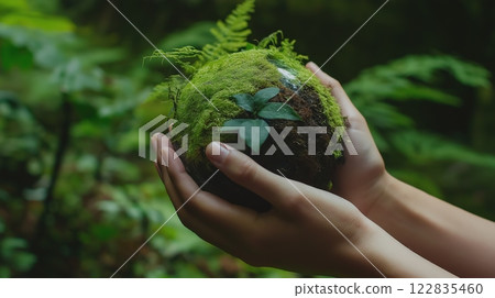 Green mossy earth held in human hands in a lush forest 122835460