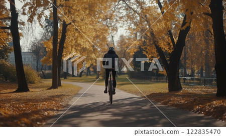 Cyclist enjoying a scenic autumn ride through the park 122835470