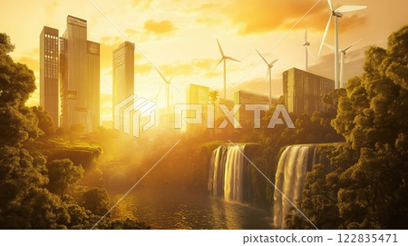 Sustainable futuristic city with waterfalls and wind turbines 122835471