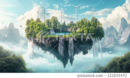 Mystical floating island with waterfalls and eco wind turbines 122835472