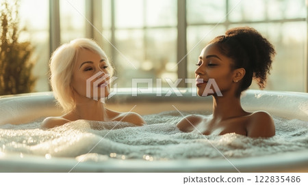 Senior women chatting in a hot tub in a serene spa environment Senior women chatting in a hot tub in a serene spa environment 122835486