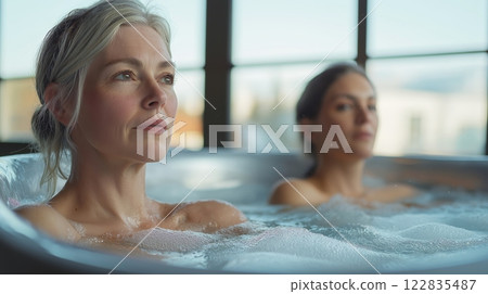 Woman enjoying a hot tub in a tranquil indoor setting 122835487