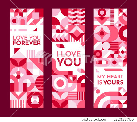 Valentines holiday banners with geometric shapes and abstract patterns in vibrant shades of pink and red. Festive cards with romantic messages like my heart is yours, i love you, and love you forever 122835799