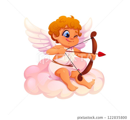 Cherub cupid with bow and arrow. Cute Valentine Day angel character sitting on cloud and aiming. Isolated cartoon vector charming symbol of love, passion and romance with wings ready break hearts 122835800