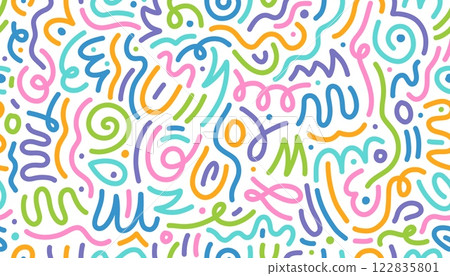 Color line squiggle shape seamless pattern. Vector abstract background filled with colorful swirls and loops in pink, blue, green, orange and purple, exudes playfulness, energy, and kids creativity 122835801