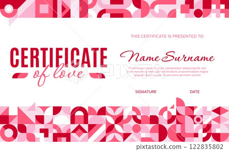 Valentines day diploma certificate with geometric abstract pattern. Vector festive charming template, elegant certificate of love in shades of pink featuring graphic shapes along the top and bottom 122835802