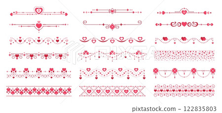 Holiday love heart divider borders for Valentines day vector set. Vibrant red pink embellishments and trims evoke love and romance for greeting cards, wedding invitations, stationery and decorations 122835803