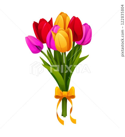 Valentines day tulips bouquet. Cartoon yellow, pink and red tulip flowers tied with a bow, symbolizing love and celebration for anniversaries or romantic holidays. Isolated vector flowers arrangement Valentines day tulips bouquet. Cartoon yellow, pink and red tulip flowers tied with a bow, symbolizing love and celebration for anniversaries or romantic holidays. Isolated vector flowers arrangement 122835804