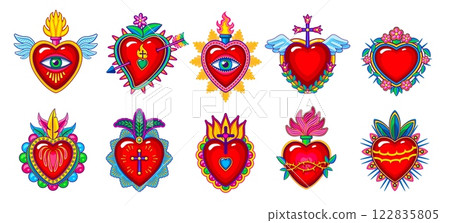 Mexican sacred heart tattoos with vector fire flames, eyes, flowers and wings, arrows, feather crown, thorns and crosses. Mexico and catholic religion sacred love symbols of cartoon mexican hearts Mexican sacred heart tattoos with vector fire flames, eyes, flowers and wings, arrows, feather crown, thorns and crosses. Mexico and catholic religion sacred love symbols of cartoon mexican hearts 122835805