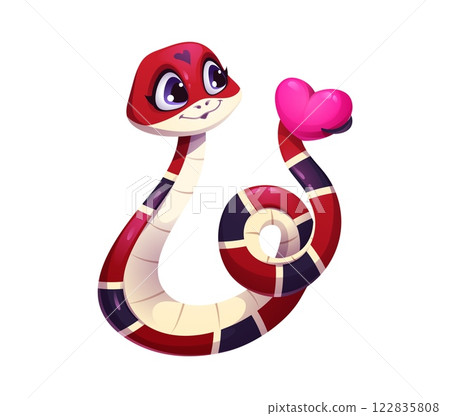 Valentines day snake with love heart. Cartoon vector cute snake character holding pink love heart on its tail. Striped reptile, serpent animal, evokes celebration, and Chinese cultural tradition 122835808
