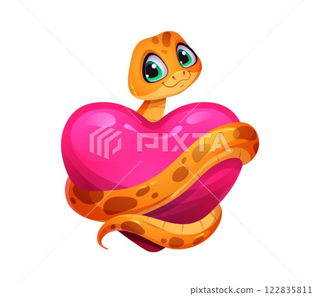 Funny cute snake with love heart. Cartoon vector valentines day reptile, serpent with large eyes and yellow spotted pattern wraps around huge pink heart, conveys warmth and passion for romantic event 122835811
