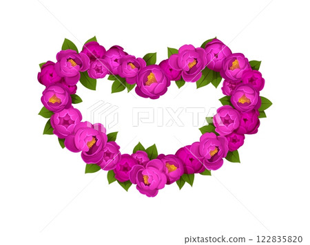 Valentines day flowers heart shaped wreath. Cartoon floral frame made of pink peony buds, symbol of love, passion and romance for romantic Valentine celebration. Isolated vector festive border decor 122835820