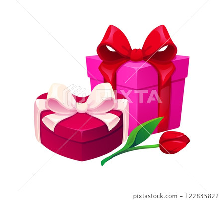 Valentines day gift boxes and a tulip flower. Cartoon pink and red present packages wrapped with bows, symbolizing love, romance, holiday celebration and special occasions like birthday or anniversary 122835822