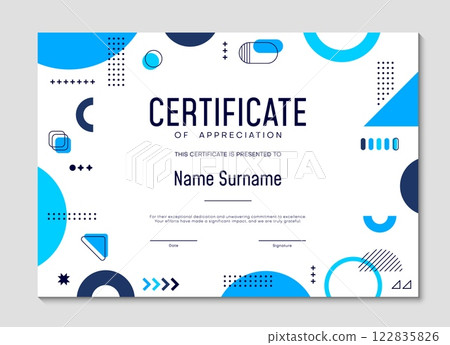 Diploma certificate template with geometric Memphis shapes. Vector appreciation, honor trophy frame with abstract figures, elements, vibrant blue colors, place for recipient name, date and signature Diploma certificate template with geometric Memphis shapes. Vector appreciation, honor trophy frame with abstract figures, elements, vibrant blue colors, place for recipient name, date and signature 122835826