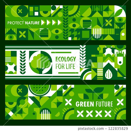 Environment banners with green nature ecology geometric shapes. Ecological conservation awareness cards feature plants and sustainability slogans like Protect Nature, Ecology for Life and Green Future Environment banners with green nature ecology geometric shapes. Ecological conservation awareness cards feature plants and sustainability slogans like Protect Nature, Ecology for Life and Green Future 122835829