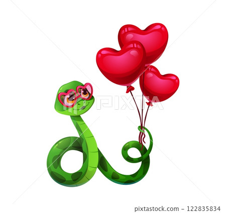 Funny cartoon snake with valentines love heart balloons. Vector cute reptile character in heart shaped glasses holding a bunch of vivid red balloons. Serpent animal celebrates love and festivity 122835834
