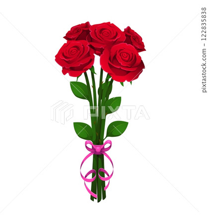 Valentine Day bouquet of roses symbolizing love, passion and romance for holiday celebration or romantic occasion. Isolated cartoon vector stunning red gift flowers arranged with ribbon and leaves Valentine Day bouquet of roses symbolizing love, passion and romance for holiday celebration or romantic occasion. Isolated cartoon vector stunning red gift flowers arranged with ribbon and leaves 122835838