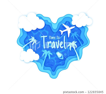 Paper cut travel banner with heart, beach palms and airplane flying over tropical island surrounded by blue water, palm trees, clouds and boat. Time to travel concept for vacation, tourism, adventure 122835845