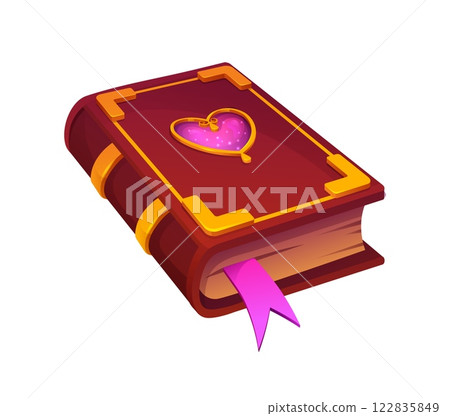 Valentines day love spell book, magical fantasy and fairytale grimoire or diary with leather cover, golden embellishments, glowing pink heart shaped gem at the center and pink ribbon bookmark peek out Valentines day love spell book, magical fantasy and fairytale grimoire or diary with leather cover, golden embellishments, glowing pink heart shaped gem at the center and pink ribbon bookmark peek out 122835849