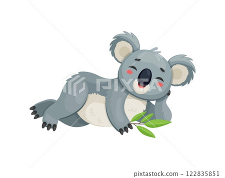 Cartoon funny koala bear character lying down with a cute happy expression, holding a eucalyptus branch. Isolated vector adorable and charming koala animal, playful and relaxed wildlife personage 122835851