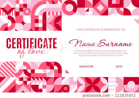Valentines day certificate diploma with geometric shapes. Vector red or pink elegant layout with retro modern romantic feel. Certificate of love with space for holder name, message, date and signature 122835852