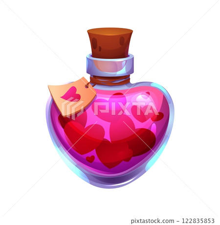Valentines day love potion bottle. Cartoon witch brew, whimsical heart shaped glass flask with a corkwood stopper, filled with pink liquid, symbolizing love, magic and enchantment, fantasy and romance 122835853