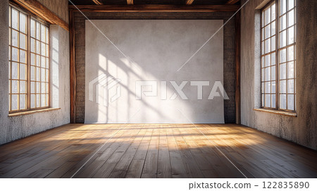 Large empty room with a white wall and wooden floors. The room is very spacious and has a lot of natural light coming in through the windows. The room is very clean and organized 122835890