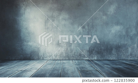 Large empty room with a wooden floor and a grey wall. The room is bare and empty, with no furniture or decorations. Scene is one of emptiness and solitude Large empty room with a wooden floor and a grey wall. The room is bare and empty, with no furniture or decorations. Scene is one of emptiness and solitude 122835900