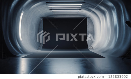 Dark, empty room with a large white wall. The room is lit by a single light source, creating a moody atmosphere Dark, empty room with a large white wall. The room is lit by a single light source, creating a moody atmosphere 122835902