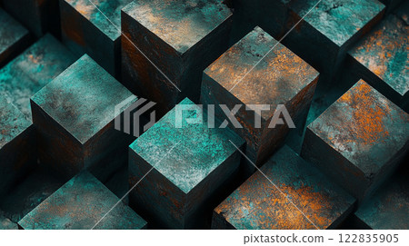 Close up of a wall of cubes with a blue and orange color scheme. The cubes are arranged in a way that creates a sense of depth and texture. Scene is one of creativity and artistic expression 122835905
