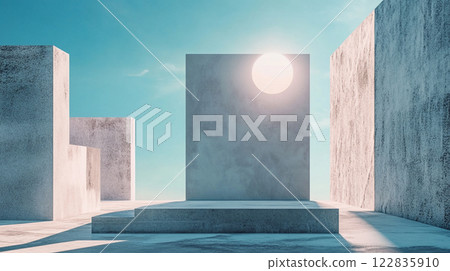 White building with a grey square in the middle. The square is illuminated by the sun. The scene is set in a city with a blue sky White building with a grey square in the middle. The square is illuminated by the sun. The scene is set in a city with a blue sky 122835910