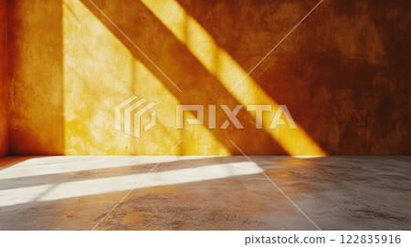 Room with a yellow wall and a window that is letting in sunlight. The room is empty and has a very bright and warm atmosphere Room with a yellow wall and a window that is letting in sunlight. The room is empty and has a very bright and warm atmosphere 122835916