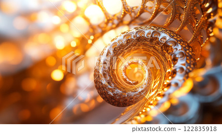 Spiral shape with a gold and white color scheme. The spiral is surrounded by a golden frame 122835918