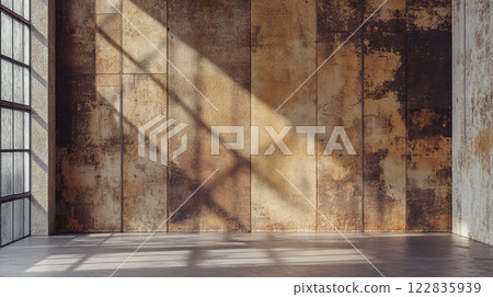 Large room with a wall that is covered in cracks and peeling paint. The room is empty and has a very industrial feel to it 122835939