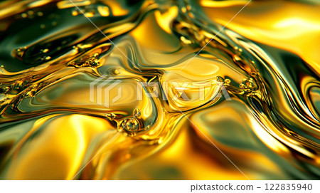 Gold colored liquid with bubbles floating on top. The bubbles are small and scattered throughout the liquid 122835940